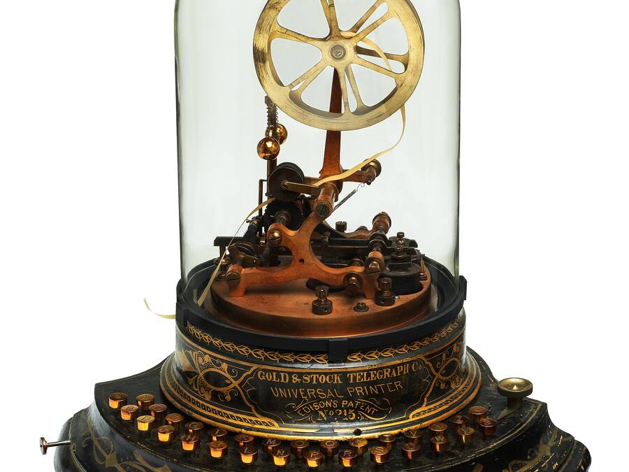 A stock ticker machine of the kind that carried prices to a trading floor